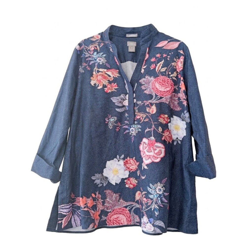 Chico’s No-Iron Chic Stretch Floral Tunic Top – Size 3 (US 16)